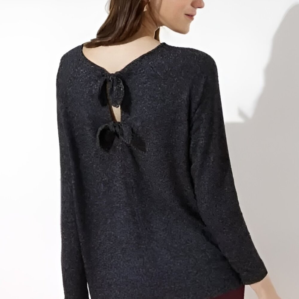 LOFT Back Tie Cozy Long Sleeve Tee in Heathered Charcoal